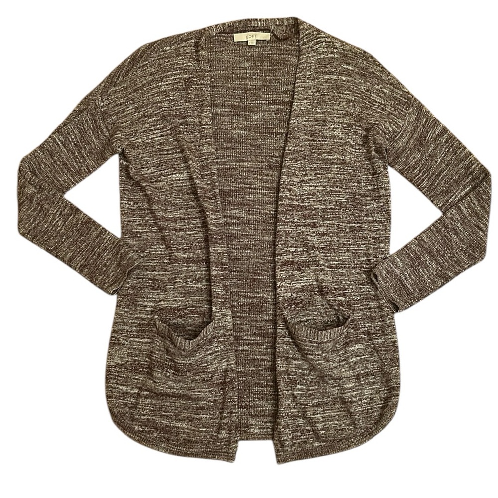 LOFT Burgundy Maroon Heather Open Face Cardigan Long Sleeve Sweater Size Small